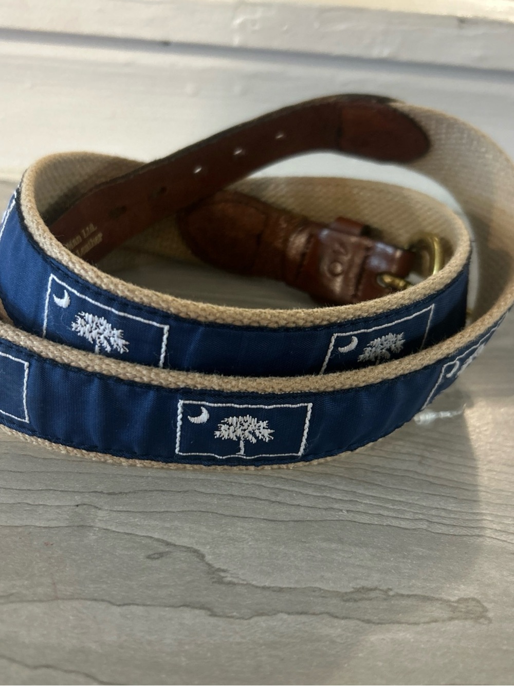 Navy Blue Embroidered Canvas Men’s Belt with Leather Trim